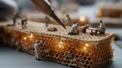 Artisans on Honeycomb: A whimsical macro shot showcasing miniature artisans meticulously working on a glowing honeycomb, celebrating craftsmanship and nature's golden elegance. 