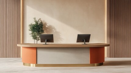 Modern reception desk, office lobby, sunlight, minimalist design, corporate workspace