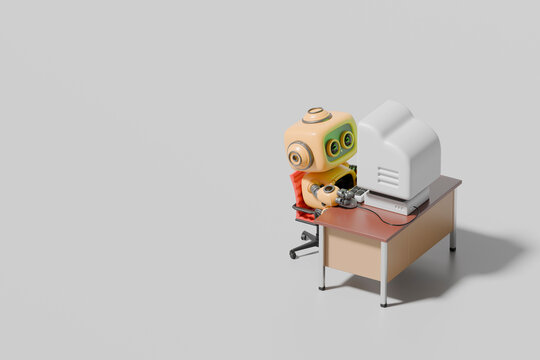 3D rendering of a robot working at a computer in an office setting