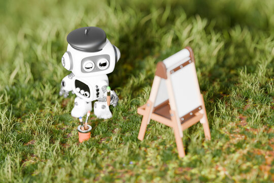Cute robot painting on an easel outdoors in a grassy field