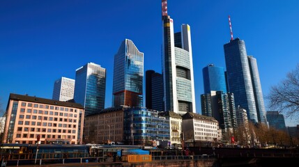Fototapeta premium Frankfurt Skyline, City, Modern Skyscrapers, Sunny Day
