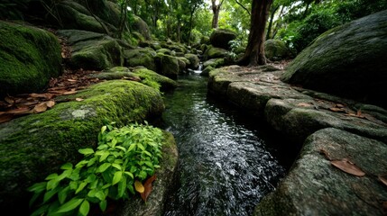 Fototapeta premium Mossy rocks line creek in forest