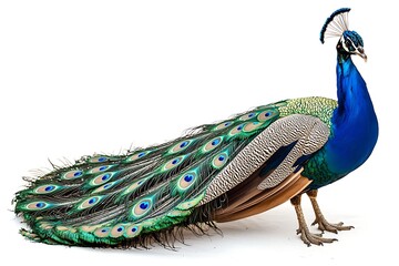 Obraz premium Vibrant Peacock Displaying Its Colorful Feathers in a Studio Environment