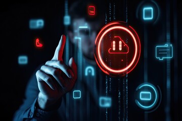 Cloud-based audio file management.  Interactive digital interface with a hand selecting a cloud icon, representing audio file storage and access