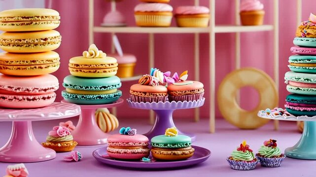 Vibrant assortment of colorful macarons and cupcakes on display in a pink pastel setting