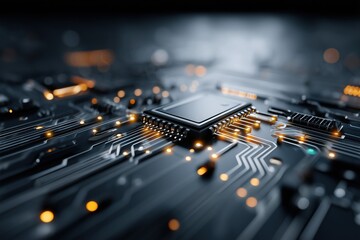 Modern black microchip on electronic board. high-tech computer hardware component