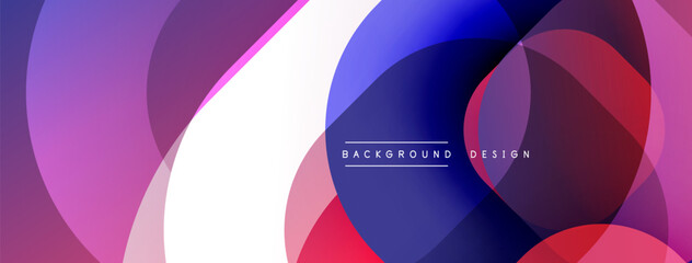 Abstract circles overlap, creating vibrant gradients. Purple, red, blue hues dominate design. Modern aesthetic, smooth transitions.