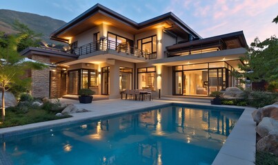 Fototapeta premium Modern luxury home with pool at twilight, showcasing contemporary architecture and outdoor living. Ideal for real estate, architecture, or home design
