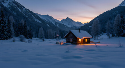Cabin In Snowy Mountains At Sunset Light, Alpine Winter Landscape