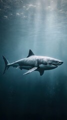 Fototapeta premium Great white shark gliding through deep ocean water during bright daylight hours in a serene underwater environment