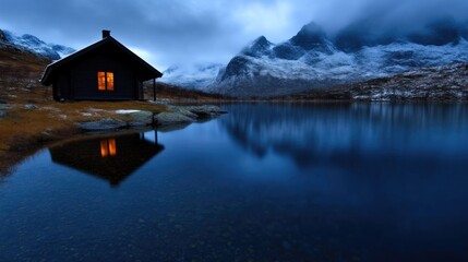 Fototapeta premium Tranquil mountain cabin by a serene lake at twilight