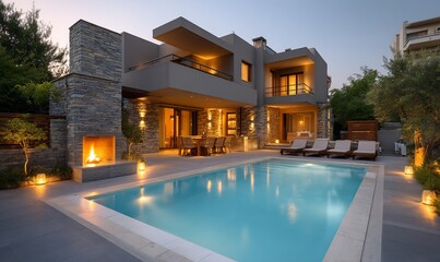 Fototapeta premium Modern Mediterranean villa with pool at twilight