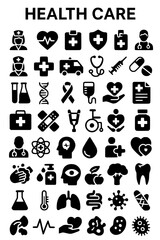 Health Care Essentials Icons. health care, medical, doctor, nurse, hospital, clinic, cross, heartbeat, ambulance, stethoscope, syringe, pills, medicine, laboratory, DNA, awareness ribbon, IV drip,