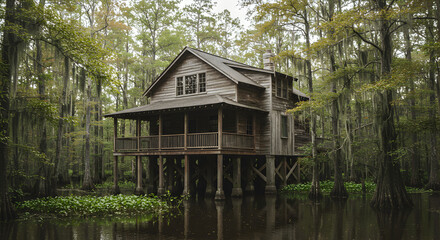 Obraz premium Secluded Rustic Cabin Retreat Nestled Among Cypress Trees in Tranquil Swamp Setting