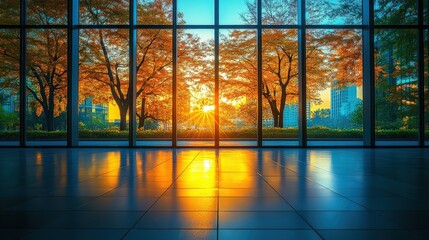 Fototapeta premium Autumnal sunrise view through modern windows.
