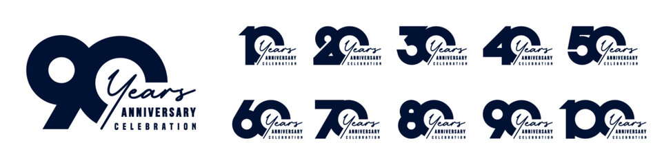 collection anniversary 10 to 100 year logo designs. abstract number for celebration event, wedding, greeting card, and invitation, vector illustration