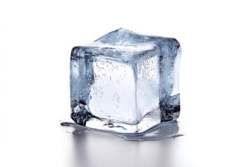 Obraz premium Ice cube melting on a smooth surface, showcasing clarity and texture in a minimalist setting