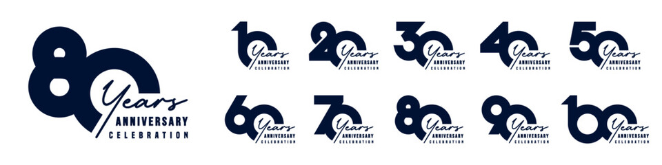 collection anniversary 10 to 100 year logo designs. abstract number for celebration event, wedding, greeting card, and invitation, vector illustration