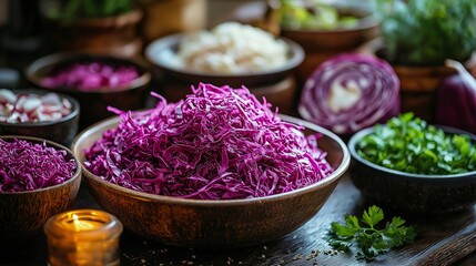 Slicing red cabbage into thin shreds for salad,generative ai illustration