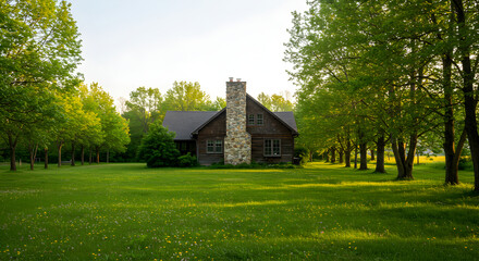 Fototapeta premium Idyllic Country Home Surrounded By Verdant Greenery Under Clear Sky