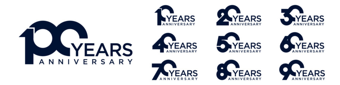 collection anniversary 10 to 100 year logo designs. abstract number for celebration event, wedding, greeting card, and invitation, vector illustration