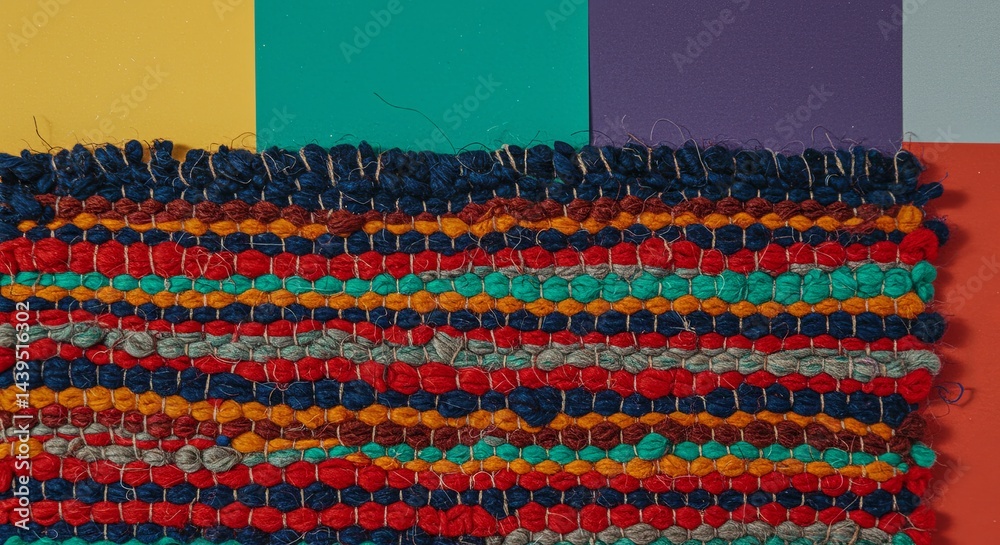 Poster a colorful rug with a blue stripe and a red stripe