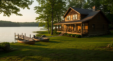 Idyllic Lakeside Cabin Retreat with Boats and Pier at Sunset