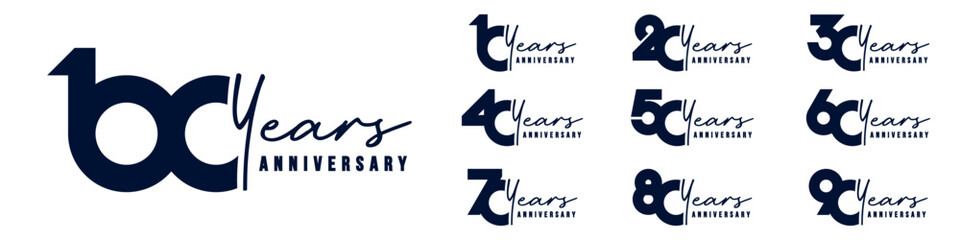 collection anniversary 10 to 100 year logo designs. abstract number for celebration event, wedding, greeting card, and invitation, vector illustration