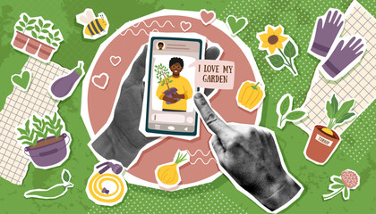 Farming and gardening concept collage banner with human hands holding phone with man photo on sreen in pop art style. Spring and gardening trendy background.