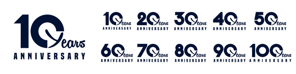 collection anniversary 10 to 100 year logo designs. abstract number for celebration event, wedding, greeting card, and invitation, vector illustration