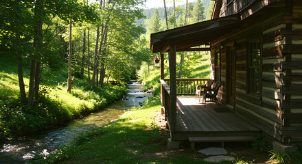 Idyllic Log Cabin Retreat by Serene Stream in a Verdant Forest Setting