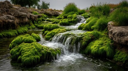 Mossy stream, rocks, and water cascading down