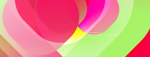 Abstract colorful layers create flowing shapes. Pink, green, yellow hues blend smoothly, forming dynamic visual texture.