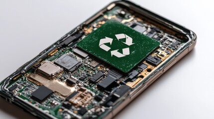 Obraz premium Electronic Circuit Board with Recycling Symbol for Sustainable Technology and E-Waste Management