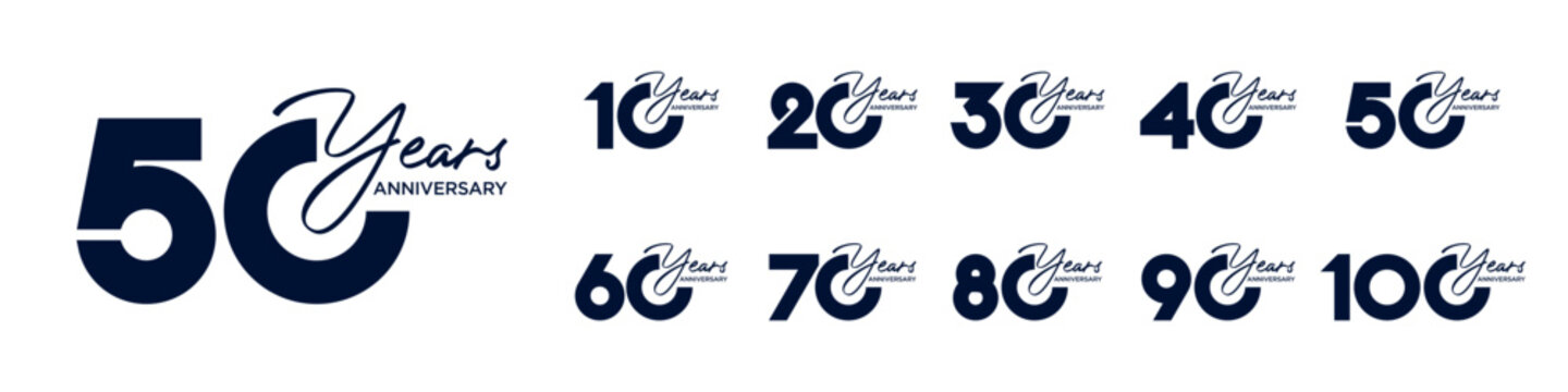 collection anniversary 10 to 100 year logo designs. abstract number for celebration event, wedding, greeting card, and invitation, vector illustration