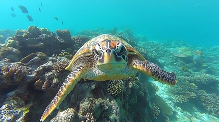 Obraz premium Underwater shot of a sea turtle gliding through coral reefs,generative ai illustration