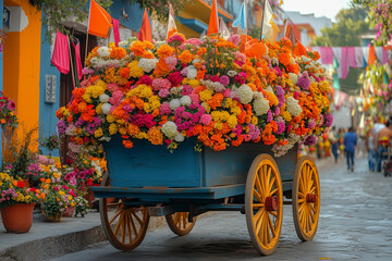Beautifully decorated traditional cart filled with colorful flowers in a vibrant Mexican street during Independence Day celebrations