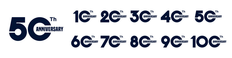 collection anniversary 10 to 100 year logo designs. abstract number for celebration event, wedding, greeting card, and invitation, vector illustration