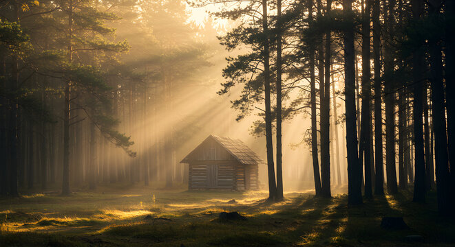 Secluded Cabin Gleaming in Golden Light Emerging Through The Woodland