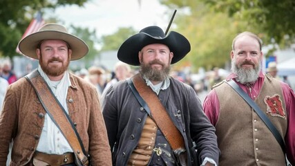 Men dressed in colonial costumes walking outdoors at reenactment event with an American flag in the background in bright daylight.