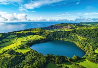 Obraz premium Majestic Aerial View of a Serene Crater Lake Surrounded by Lush Green Hills and Expansive Ocean Under a Bright Blue Sky with Soft White Clouds