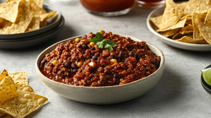 Chili Bowl with Beans, Corn, and Sour Cream Garnish