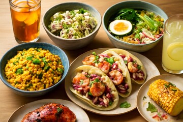 A close-up shot of a beautifully arranged table filled with various gourmet dishes, showcasing a colorful fusion of flavors.