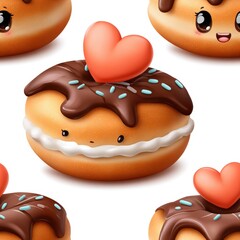 Fototapeta premium Seamless repeat pattern featuring hand-painted cute donuts in chibi style, with chocolate drizzles and candy hearts, coral and aqua blue, isolated on white background, retro chill vibe, vibrant design