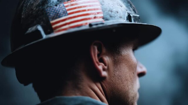 Closeup of an American construction worker wearing a hard hat, reflecting determination and pride &ndash; concepts of labor and patriotism