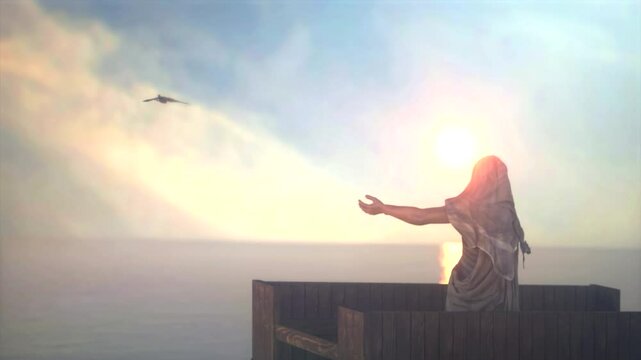 Bible story Noah releases a dove in the middle of a flood 3d render