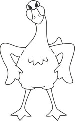 Standing disgruntled goose. Funny bird in doodle style.
