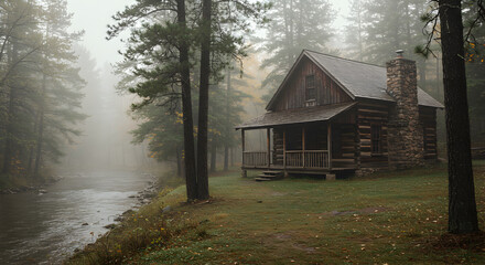 Secluded Cabin Retreat Amidst The Tranquil Forest And Misty Riverbank