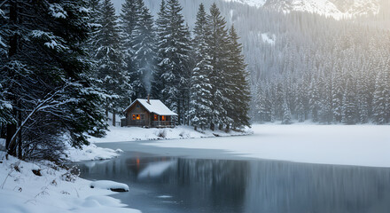 Winter Retreat: Cozy Cabin by Frozen Lake in Snow-Covered Forest