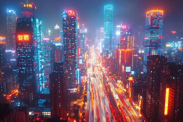 Obraz premium Stunning aerial view of a vibrant, futuristic cityscape at night. Neon lights illuminate skyscrapers and a bustling highway, creating a dynamic and energetic atmosphere.